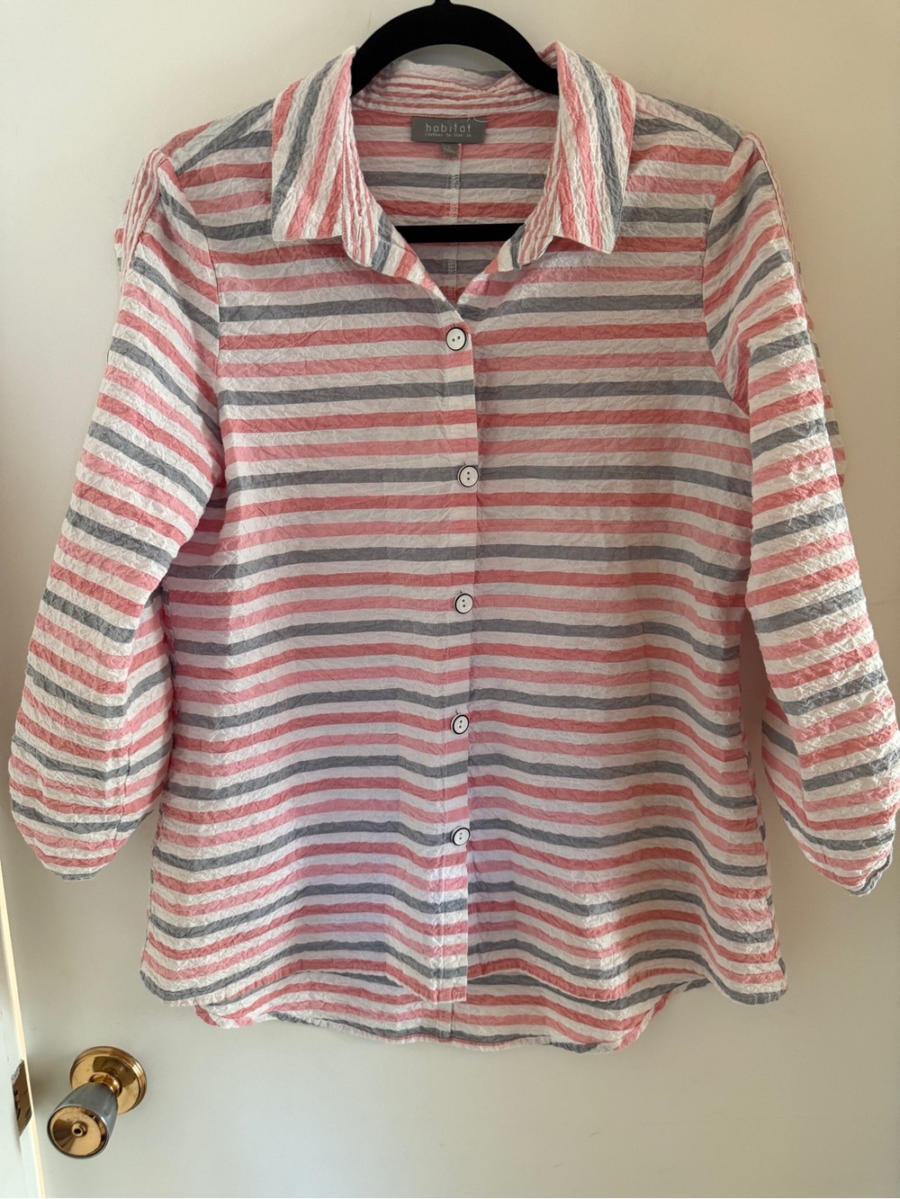 Habitat Clothes to Live In Striped Crinkle Shirt Small Cotton 3/4 Sleeve Coastal
